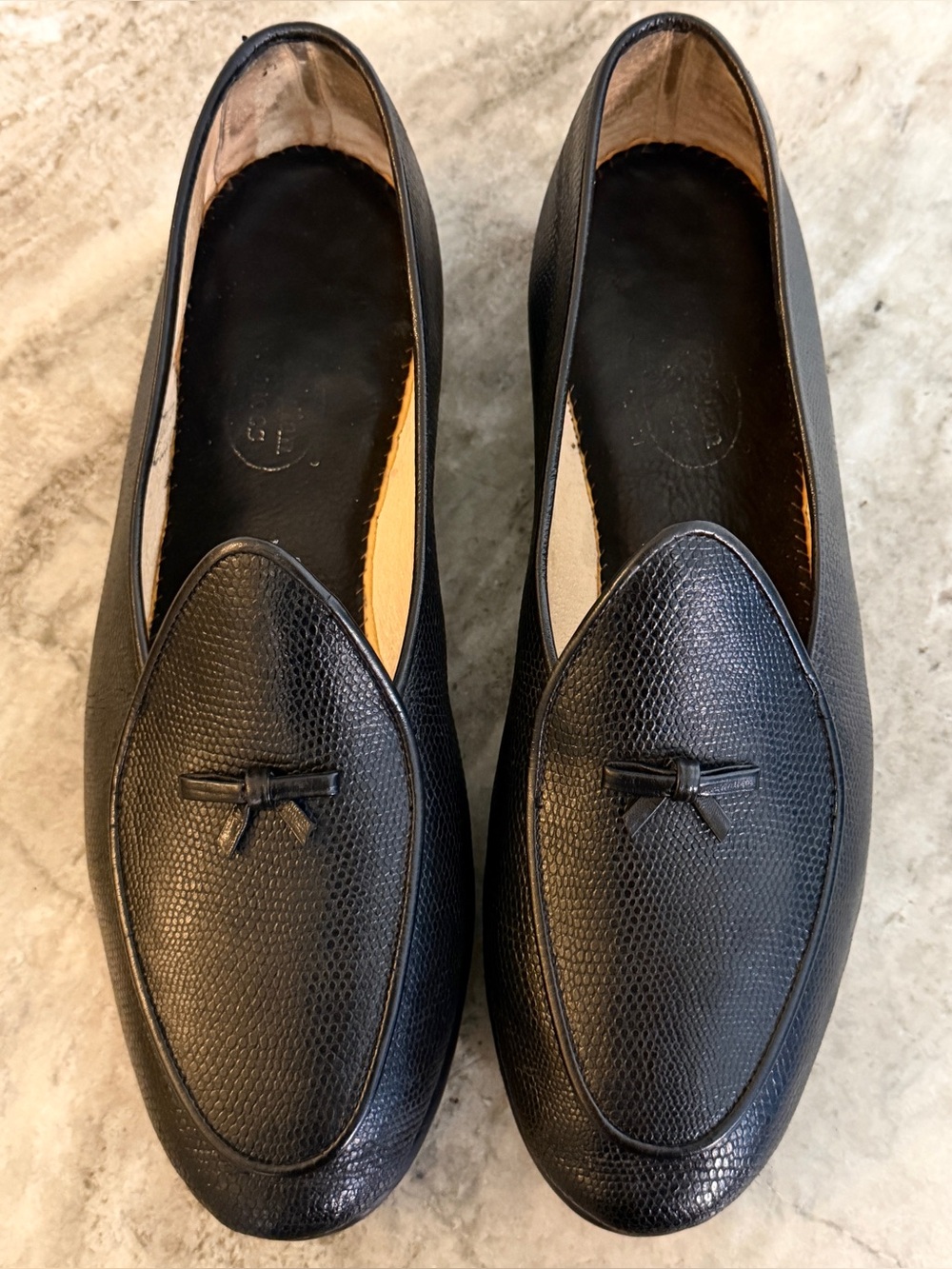 BELGIAN SHOES MR CASUAL LOAFER LIZARD BLACK SLIPPERS Sz 9 $800 BOW TIE LEATHER